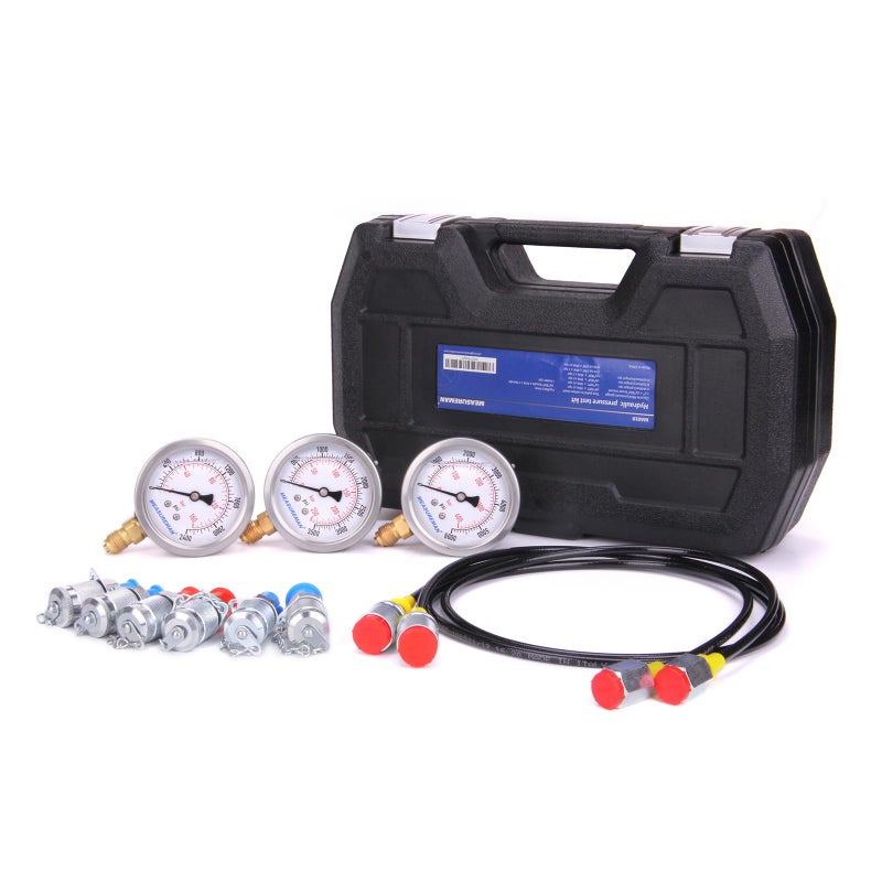 MEASUREMAN Portable Excavator Hydraulic Pressure Test Kit, Includes 3 Pressure Gauges (2400/3500/6000 PSI), 2 Hoses, 6 Test Couplings, for Construction Machinery Systems, Packed in Durable Case - Image 3